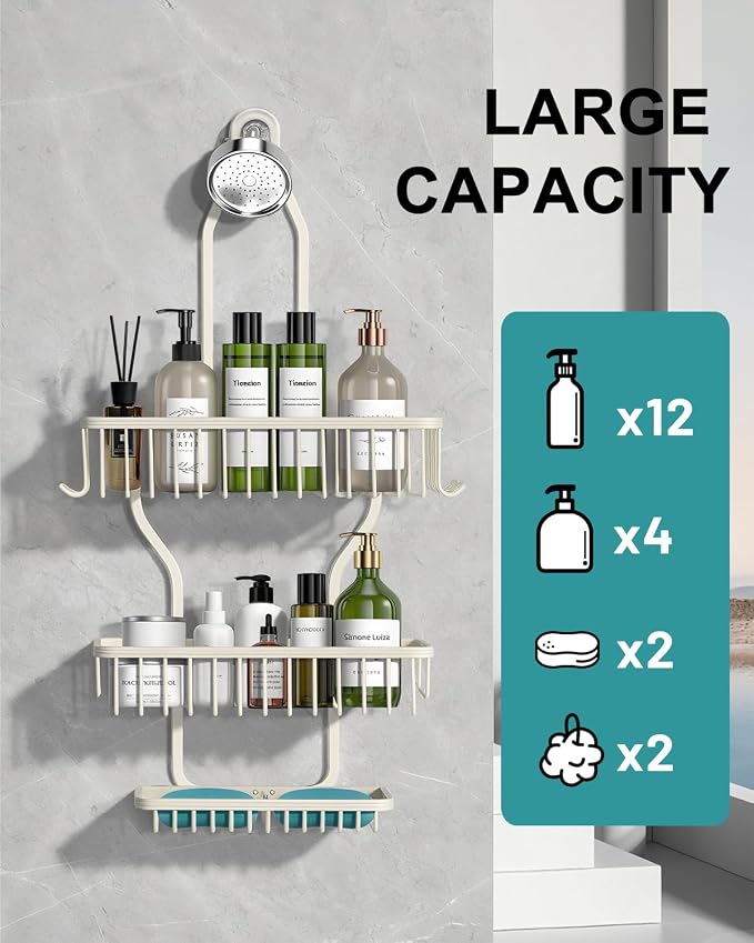 Shower Caddy Hanging - Never Rust Shower Hanging Organizer - Aluminum Over the ShowerHead Caddy with Soap Basket and 6 Hooks for Razor/Sponge (Milky White) - Image 7