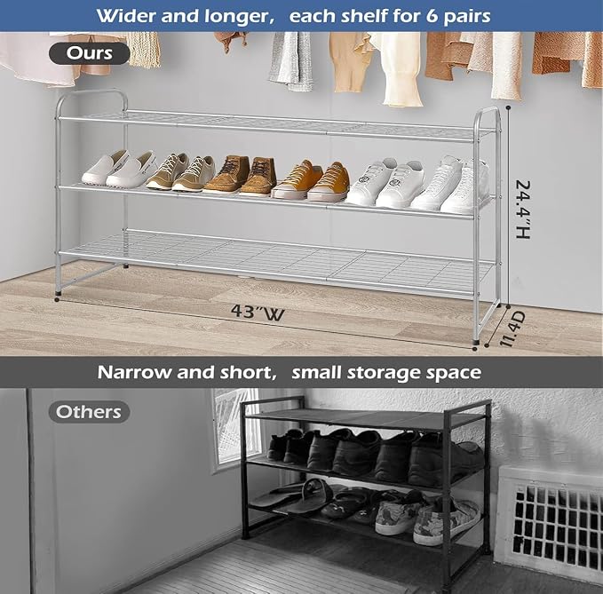 KEETDY 3-Tier Long Shoe Rack for Closet Metal Shoe Organizer for Entryway, Wide Stackable Shoe Storage Shelf with Sturdy Wire Grid for Closet Floor, Bedroom, Grey - Image 2