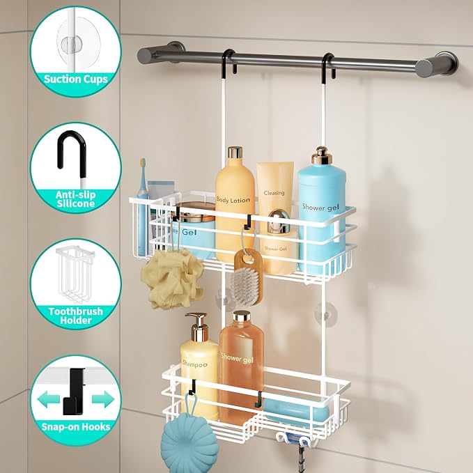 HapiRm Hanging Shower Caddy Organizer - No Drilling Shower Shelves with Hooks and Toothbrush Holder, Rustproof 304 Stainless Steel Bathroom Organizer - White - Image 2