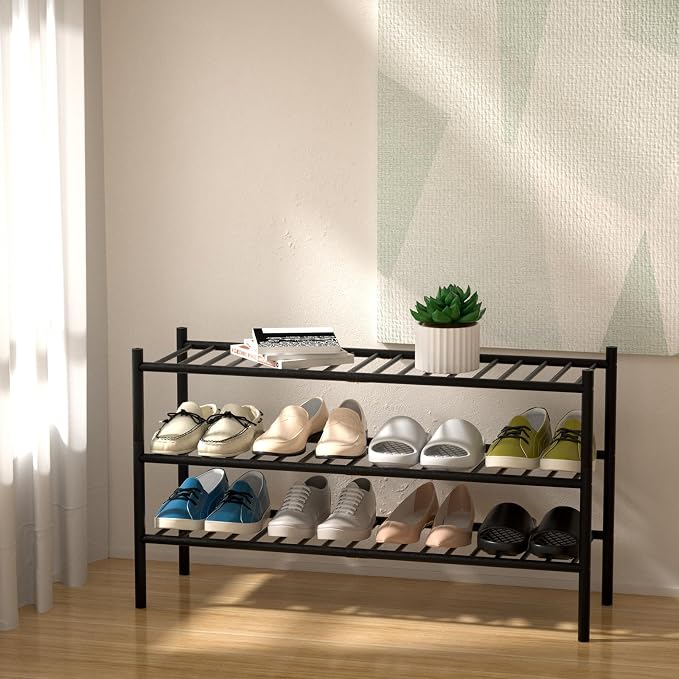 ROMGUAR CRAFT 3-Tier Bamboo Long Shoe Rack, Free Standing Wood Shoe Shelf Storage Organizer for Closet Entryway Stackable 35"x11"x20" (Black) - Image 2