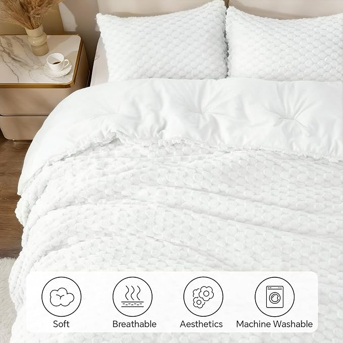 BEDELITE Fluffy Queen Comforter Set - Bright White Fleece Soft Comforter for Queen Size Bed, Luxury Warm Bedding Set for Winter, Fuzzy Bed Set 3 Pieces (1 Comforter, 2 Pillowcases)
