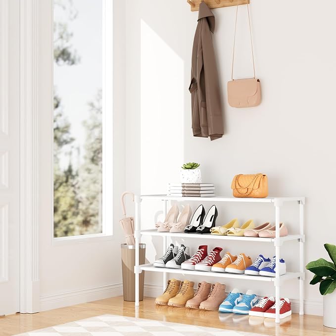 34" Widening Design Shoe Rack for Closet 16 Pairs Small Spaces Non-Woven 3 Tier Shoe Organizer Stackable Metal Shoe Shelf for Entryway, Bedroom White - Image 2
