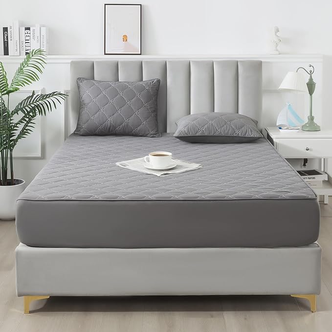 Waterproof Mattress Protector - Queen Size Mattress Pad Silent & Fitted Sheet Style | Full Bed Protection for Kids, Pets, Adults | Hypoallergenic, Machine Washable (Gray, Queen)