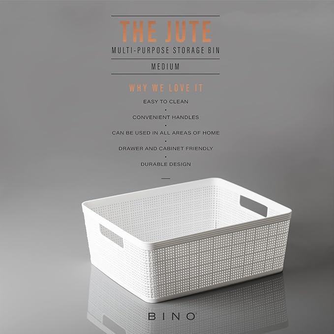 BINO | Woven Plastic Basket | Medium (White), 4-Pack | THE JUTE COLLECTION | Home Organization, Space - Saving Storage, Stylish Design | Jute Basket | Plastic Storage Basket - Image 2