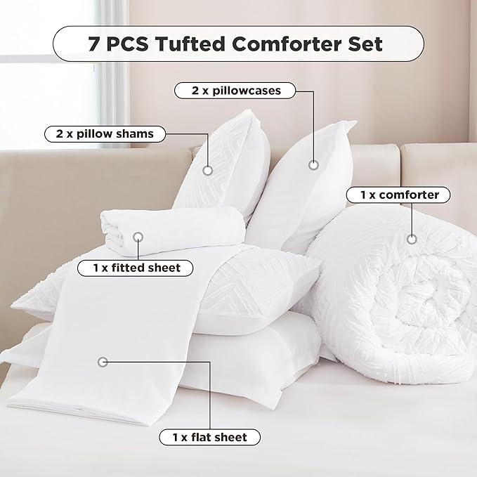 Andency White Super King Size Comforter Set with Sheets - 7 Pieces Bed in a Bag Boho Tufted Bedding Sets Fluffy Lightweight Super King Bed Set with Comforter, Sheets, Pillowcases & Shams