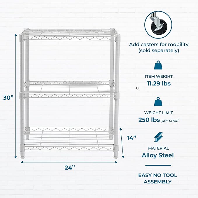 Honey-Can-Do 3-Tier Heavy-Duty Adjustable Shelves, Metal Storage Rack with 250-lb Shelf Capacity, White, 14" W x 24" L x 30" H - Image 3