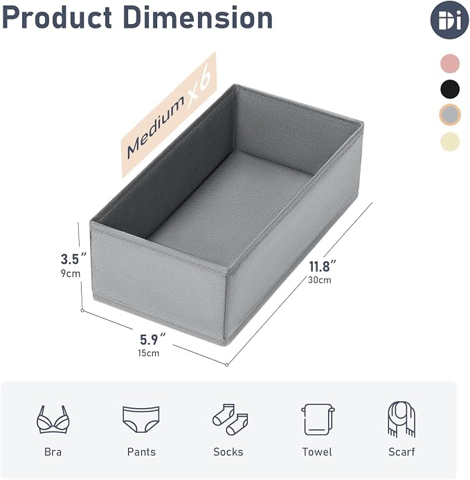 DIMJ Drawer Organizer Clothes - Underwear Organizer Small Sock Organizer Closet Organizers and Storage Box Dresser Drawer Dividers for Baby Clothes,Bra,Socks, Belt, Tie, Set of 6,Grey - Image 7