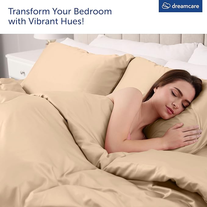 DREAMCARE Queen Size Sheets - Cooling Bed Sheets - 4pcs Set - up to 15" Deep Pocket Queen Sheet Set - Sheets Queen Size Bed - Soft & Long Lasting 100% Fine Brushed Polyester with Side Pocket, Wheat