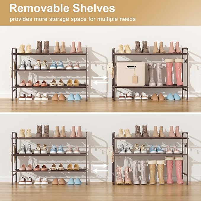 VILICK 3 Tier Shoe Rack 33" Wide Metal Shoe Organizer Long Shoe Storage with 4 Side Hooks Sturdy Shoes Shelf for Front Door Entrance, Closet, Garage, Dorm, Brown - Image 6