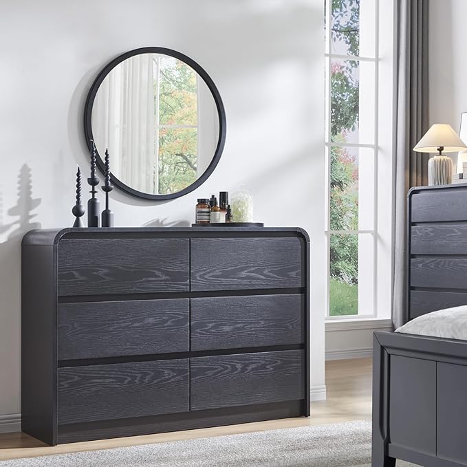 Aitjunz Modern 6 Drawers Dresser for Bedroom, 47" Wide Wood Dressers & Chests of Drawers w/Curved Profile Design, Mid Century Modern Dresser w/Natural Texture for Bedroom, Living Room, Black