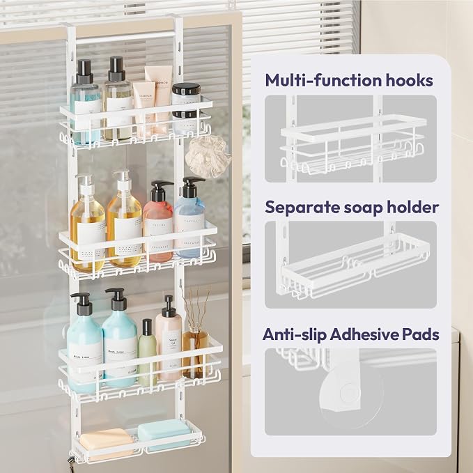 SWTYMIKI Over The Door Shower Caddy - 4 Tier Rustproof Hanging Shower Organizer with Adjustable Shelves, 40 Hooks & Soap Holder, Hanging Shower Rack Storage for Bathroom Accessories, White - Image 4