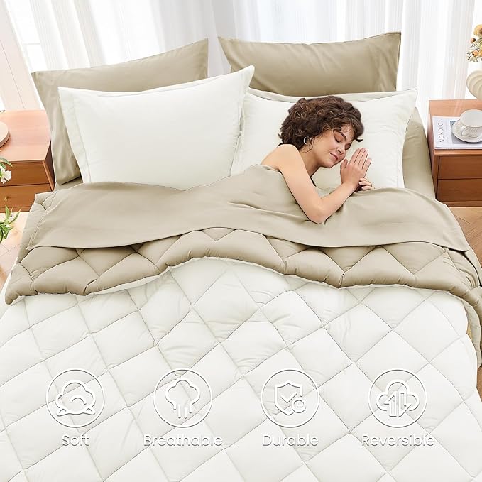MUXHOMO 7 Pieces Queen Comforter Set, Reversible Bed in a Bag Queen Size, All Season Bedding Set with Comforter, Flat Sheet, Fitted Sheet, Pillowcases & Shams, Ivory & Khaki