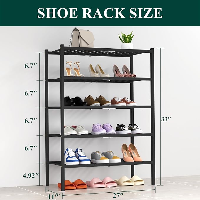 Smiry Shoe Rack, 5 Tier Thick Bamboo Shoe Organizer, Stackable Free Standing Wooden Shoe Storage Shelf for Closet, Entryway, Front Door Entrance, Black - Image 2