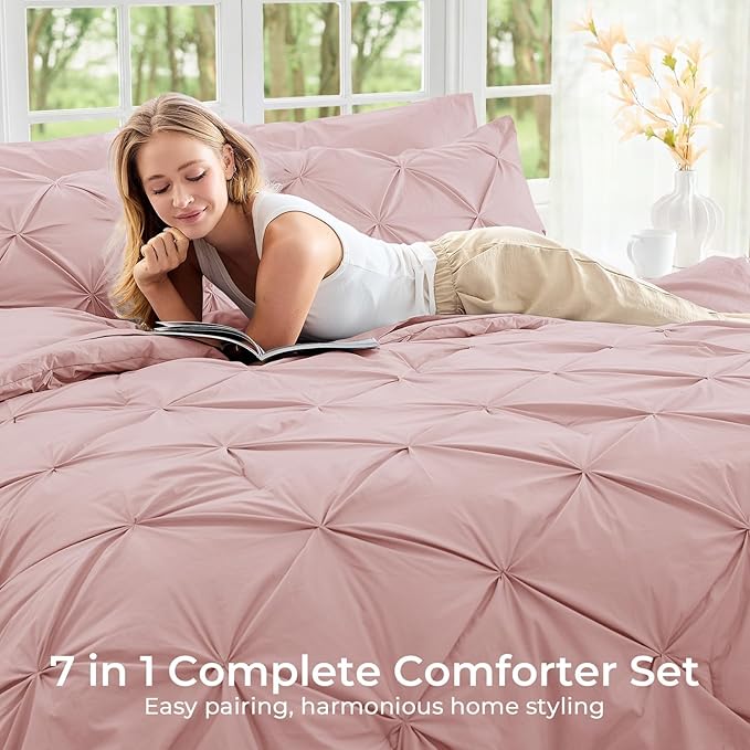Sasttie Queen Comforter Set, 7-Piece Bed in a Bag, Pintuck Bedding Sets for All Season, Includes Comforter, Flat Sheet, Fitted Sheet, Pillowcases and Pillowshams, Rose Gold