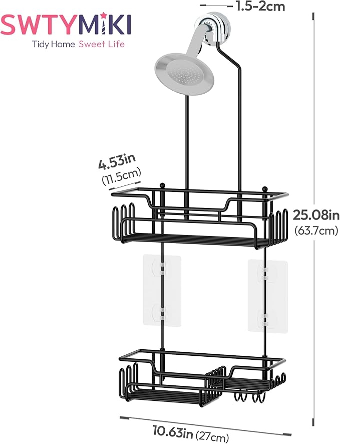 SWTYMIKI Bathroom Shower Caddy Hanging - Extended Length 2 Tier Rustproof Over Shower Head Organizer, No Drilling Bathroom Shelf with 14 Hooks & Soap Holder, Anti-Swing Rack, Black, Medium - Image 8