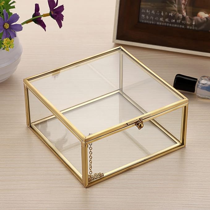 Hipiwe Vintage Glass Jewelry Organizer Box - Golden Metal Keepsake Box Desktop Jewelry Organizer Holder, Wedding Birthday Gift, Square Vanity Decorative Box for Dresser,Bathroom - Image 8