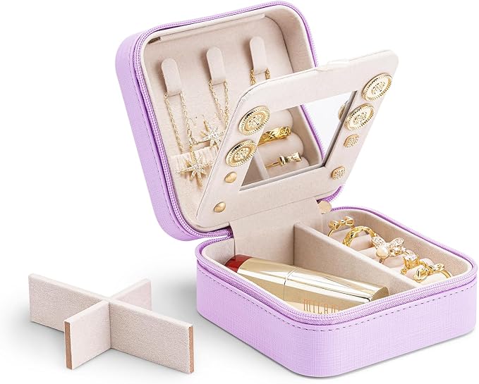 Vlando Small Travel Jewelry Box Organizer - Mirrored Carry-on Jewelries Necklaces Rings Earrings Necklace Storage Case, Purple by VLANDO