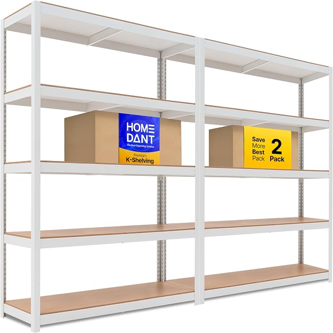 HOMEDANT House 48.1" W 5 Tier Heavy Duty Garage Shelving Adjustable Metal Rack Storage Shelves Standing Shelf Unit Organizers Industrial Warehouse Basement White 2Pack by TheBestOrganizingSolution