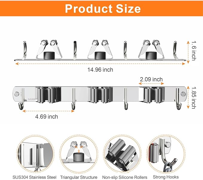 CUXIXA 2 Pack Mop and Broom Holder Wall Mount, Non-slip Broom Hanger, Heavy Duty Mop Broom Organizer for Kitchen Garden Garage Laundry Room Wall Decor Organization and Storage Silver 3R4H - Image 7