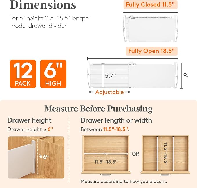 Lifewit 6" Tall 12 Pack Drawer Dividers, 30-47cm/11.5-18.5" Expandable Drawer Divider for Clothes, Adjustable Dresser Drawer Organizers, Drawers Separators for Dresser/Bathroom/Closet/Kitchen White - Image 2