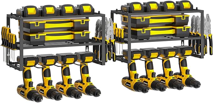 Spacecare Power Tool Organizer- Power Drill Tool Holder- Heavy Duty Tool Shelf & 2 Pack 3 Layers Tool Rack Cordless Drill Holder- Floating Tool Shelf Wall Mounted Tool Storage Rack for 8 Drill Holders by SPACECARE