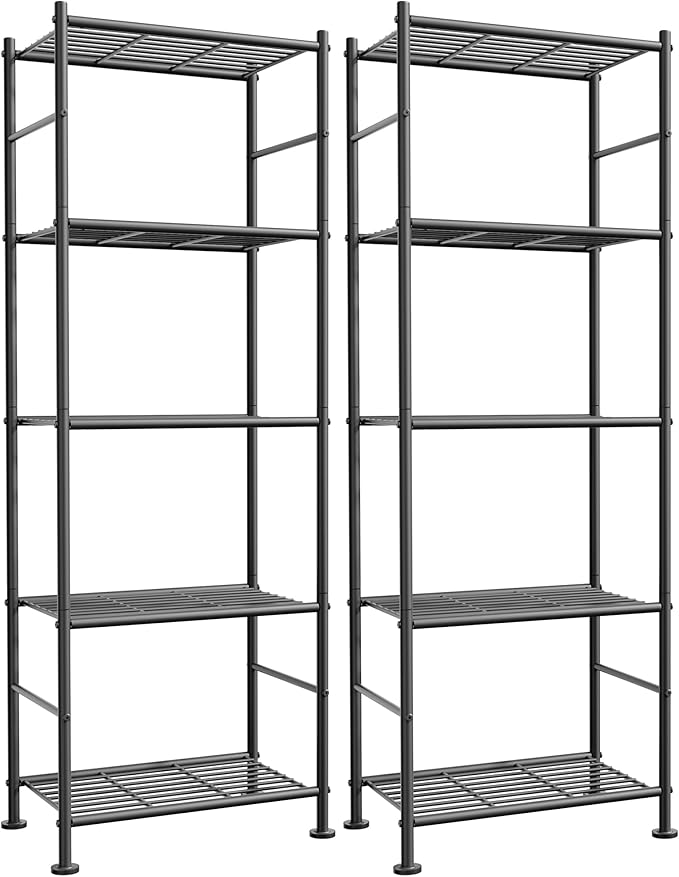 Sakugi Storage Shelves - Set of 2, 5-Tier Metal Shelf Organizer, Space-Saving Garage Shelving with Leveling Feet, Standing Shelves Organizer for Kitchen, Laundry, Pantry (18.4" x 12.6" x 57.4", Black) by Sakugi
