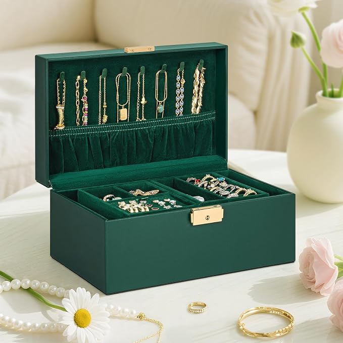 AKOZLIN Travel Jewelry Box Organizer Functional 2-trays Leather Jewelry Storage Case with Lockable Portable for Women Girls Ring Necklace Earring Bracelet - Image 7