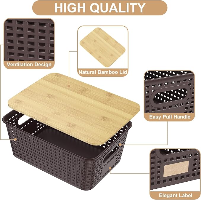 6Pcs Storage Bins with Lids, Stackable Plastic Storage Basket with Bamboo Lid, Pantry Organizer Box Small Containers for Organizing Shelves Drawer Desktop Closet Cabinet Office Classroom 10x7.1x4.1in - Image 3