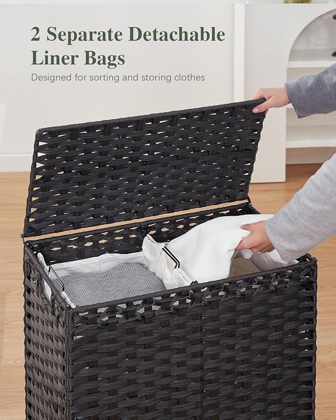 SETVSON Laundry Hamper with Lid, 112 L Handwoven Rattan Wicker Laundry Basket, 2 Removable Liner Bags Metal Heightened Feet, 6 Mesh Bags, 2 Section Large Clothes Hamper for Bathroom Bedroom, Black - Image 4