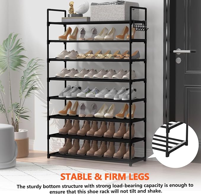 Hsscblet 8 Tiers Metal Shoe Rack,Adjustable Shoe Shelf Storage Organizer with Hooks,Stackable Boot & Shoe Storage,for Entryway,Hallway,Closet,Black - Image 3