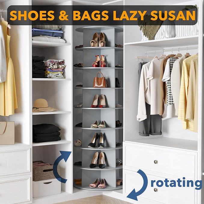 SpaceAid 8 Tier Rotating Shoe Rack Tower, Spinning Shoe Display Lazy Susan, Revolving 360 Shoe Rack Storage Round Carousel, Vertical Handbag Rotate Shoes Closet Organization (8-Tier Gray) - Image 4