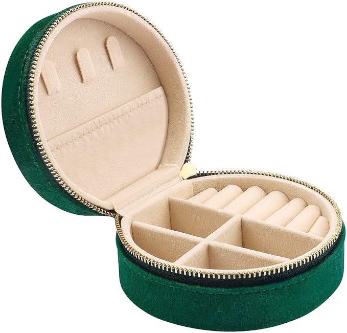 DesignSter Travel Jewelry Box - Velvet Mini Jewelry Organizer, Small Jewelry Case for Girls Women, Jewelry Storage Box for Rings Earrings Necklace (Circular, Emerald Green) by DesignSter