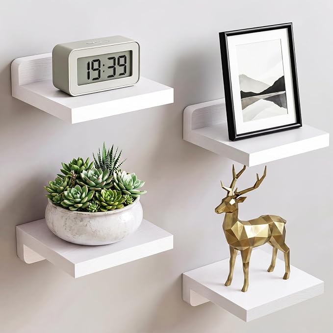 Fixwal Small Shelf for Wall, Rustic Wood Floating Wall Mounted Shelves for Bedroom, Living Room, Kitchen, Bathroom Decor, Set of 4, 5 x 5 Inches (White) by Fixwal