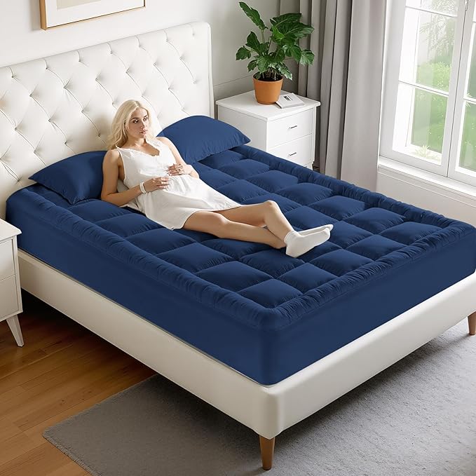 MATBEBY Full Size Mattress Pad - Cooling Breathable Mattress Topper, Quilted Fitted Mattress Protector, Pillow Top Mattress Cover with 8-21" Deep Pocket, Machine Washable, Navy Blue, 54x75 Inches