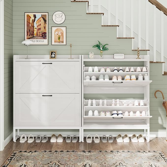 GRUSIGN Shoe Cabinet, Shoe Storage Cabinet with 2 Flip Drawers & Adjustable Shelf, Space-Saving Shoe Organizer – Holds 16+ Pairs, Narrow Shoe Cabinet Storage for Entryway/Hallway（White） - Image 6