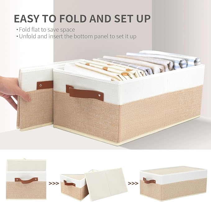Closet Organizer Bins 3 Pack, Large Storage Bins for Shelves, Foldable Closet Storage Boxes Baskets with Leather Handles for Organizing Clothes, Sheets, Jeans, Toys, Books（Begie） - Image 7