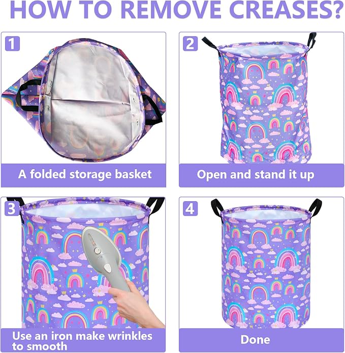 Collapsible Kids Laundry Basket Clothes Hamper, Foldable Storage Organizer Bin, Toy Clothes Storage with Handles for Boys Girls Bedroom, Room Decor Purple Rainbown - Image 6