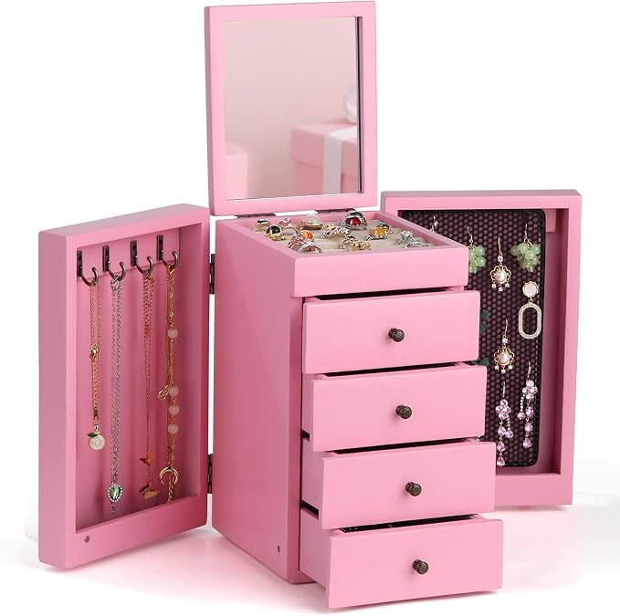 Meangood Jewelry Box Wood for Wowen, 5-Layer Large Organizer Box with Mirror & 4 Drawers for Rings, Earrings, Necklaces, Pink by Meangood