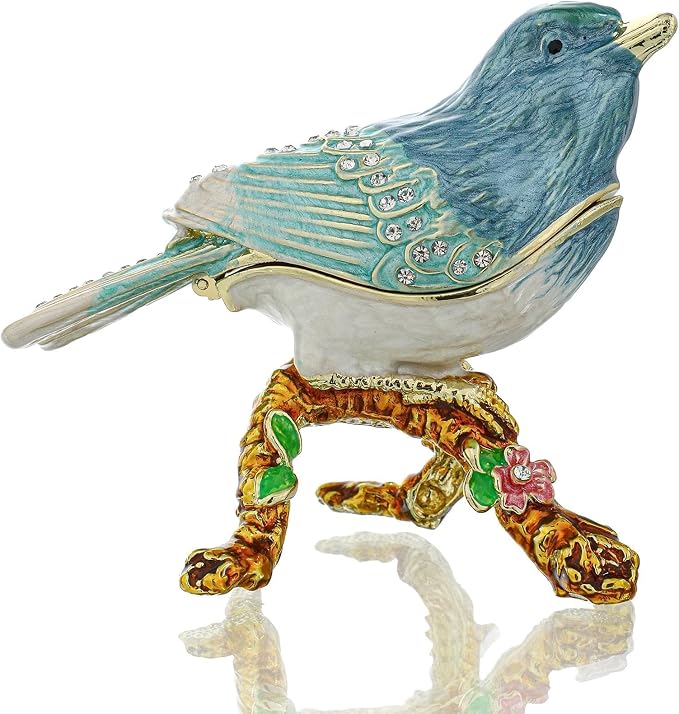 YU FENG Enamel Bird Trinket Box Jewelry Organizer, Hand Painted Decorative Hinged Keepsake Box – Blue Green Perched Bird by YUFENG