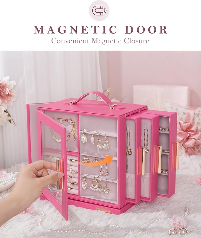 Homde Jewelry Box 360° Rotating, Necklace Earring Organizer with Transparent Window, Mirror, 7 Drawers, Large Ring Display Storage Case for Girls Women (Pink) - Image 7