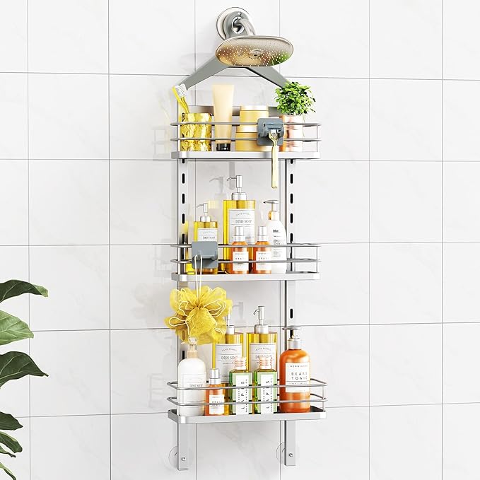 ODesign 3 Tier Height-Adjustable Shower Caddy Hanging Anti-Swing-Over The Shower Head Caddy-Storage Organizer Bathroom Shelves Basket-Silver by ODesign