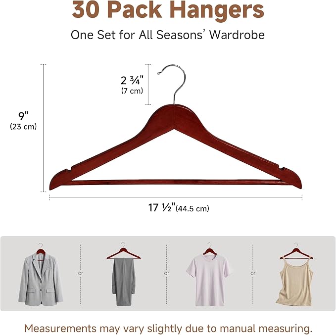 StorageWorks Wooden Hangers 30 Pack, Wood Coat Hangers for Closet, Heavy Duty Clothes Hangers for Suits, Shirts, Pants, Jackets, Dark Cherry Color - Image 2