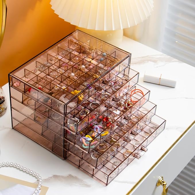 YUFONG Earring Storage Box Organizer, Acrylic Jewelry Storage Box Holder 5 Drawers Transparent Jewelry Display Stand with 120 Small Compartments Gift Boxes for Women Girls (Clear Purple Brown) - Image 4