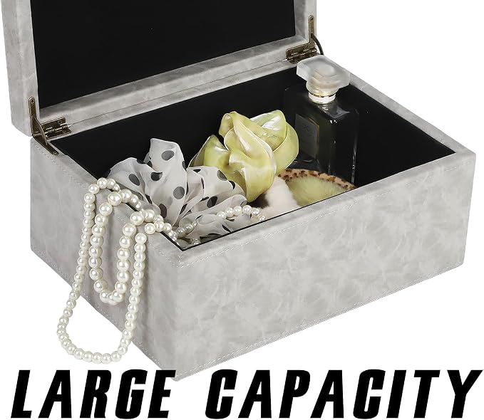 HofferRuffer Faux Leather Decorative Box, Large Wooden Structure Keepsake Box Accessory Organizer Jewelry Organizer with Hinged Lid, Storage Container for Home or Office (Grey) - Image 7