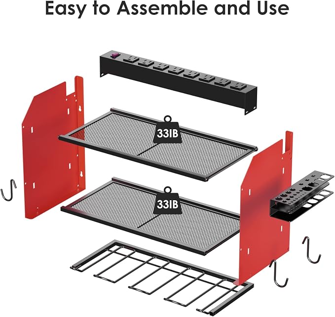 CCCEI Modular Power Tool Organizer Wall Mount with Charging Station. Garage Drill Storage Shelf with Hooks, Heavy Duty Rack, Tool Battery Holder Built in 8 Outlet. Gift for Men. Red, 1 Pack. - Image 7