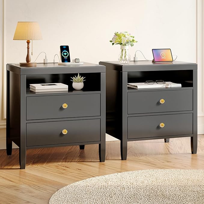 Huuger Black Nightstand Set of 2, Night Stand with Charger Station, Bedside Table with 2 Drawers, Bed Side Tables for Bedroom, Modern Nightstands, Metal Knobs, Painted Surface | with Charger Station, 2 Drawers, Bed Side Tables, for Bedroom, Metal Knobs...