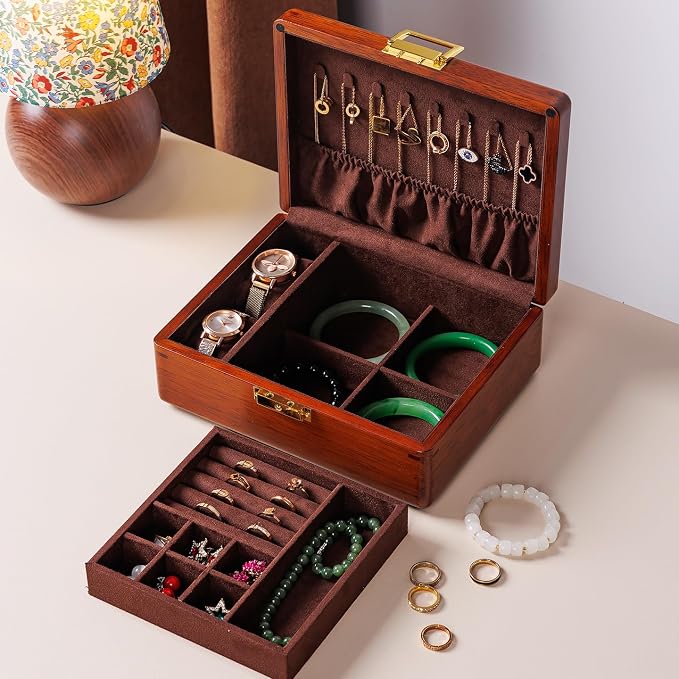 Solid Walnut Wood Jewelry Box with Lock,2 Layer Velvet Lined for Earrings Rings Necklaces Bracelets Watches,Both Style and Security, for Men Women,Vintage Brown - Image 2