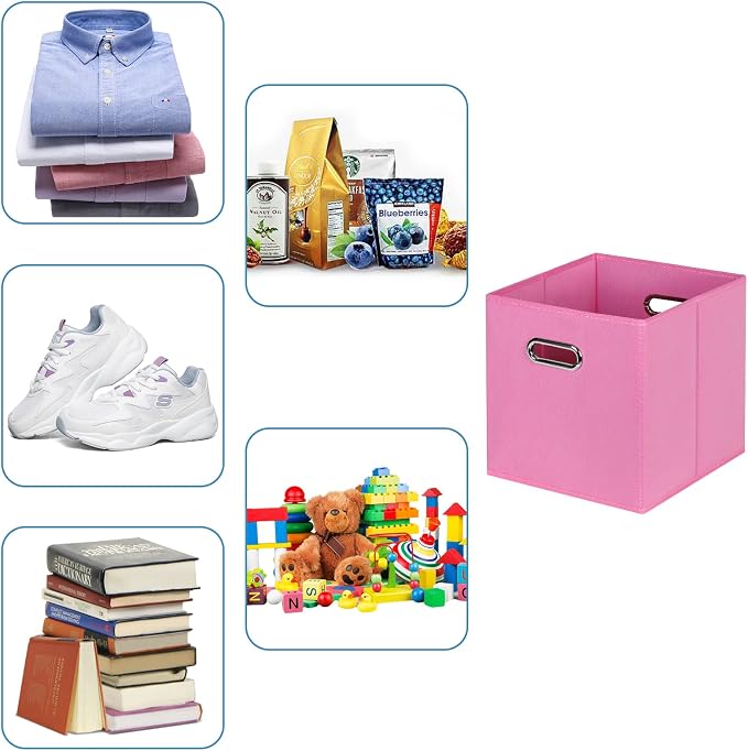 Black Fabric Cubby Storage Bins,13x13x13 Inches ,Cube Organizer Bin Foldable Storage Boxes with Dual Handles Fabric Organizer Box and collapsible Storage basket,Set of 3 ,Pink - Image 3