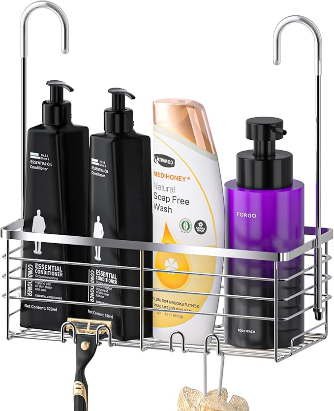 SHANSHUI Shower Hanging Caddy, Bathroom Shower Organizer Basket, Shampoo Bracket, Over Door Showers Rack with Hooks, 304 Stainless Steel Rustproof by SHANSHUI
