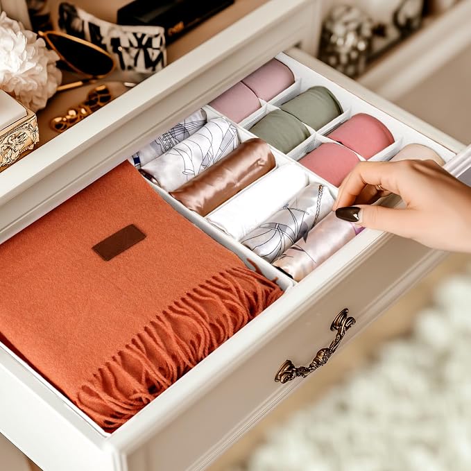 Criusia Underwear Sock Drawer Organizer Dividers 8 Set, Foldable Dresser Closet Organizers and Storage Bins for Baby Clothing, Sock, Underwear, Bra, Ties, Scarf (White) - Image 5